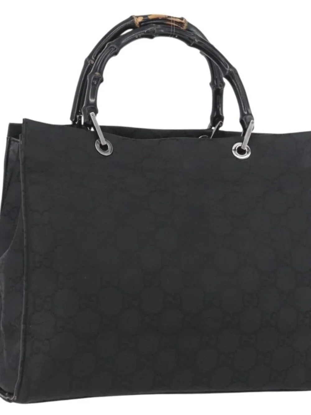 GUCCI GG Canvas Bamboo Tote Bag Nylon Black Silver 002 1010 Auth YKZ144